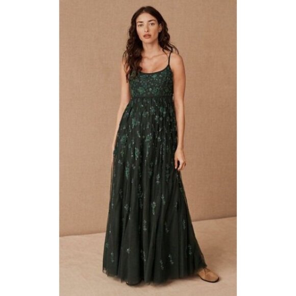 BHLDN Lacie Dress Maxi Dress Gown Emerald Green Sequin Lace Formal